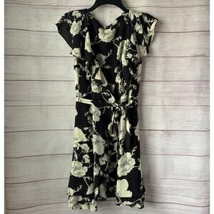 Free People French Quarter Black Cream Floral Print Dress Wrap Front Ruffle